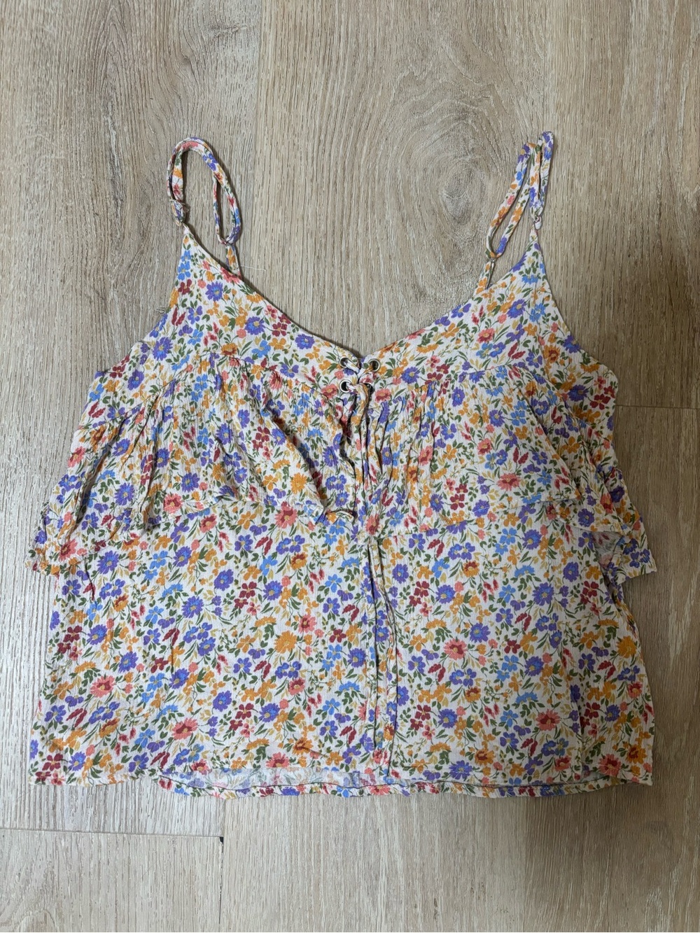 Eden in Love Multi-Color Ditsy Floral Lace-Up Ruffle Camisole Tank Top